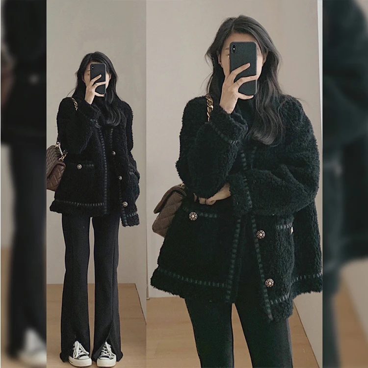 黑色仿羊羔毛外套女秋冬加厚高级感小香温柔风短款羊羔毛绒上衣