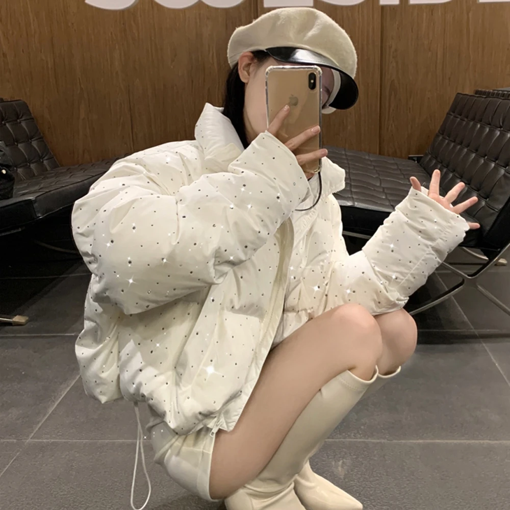 冬季小众款满天星烫钻暗黑辣妹保暖羽绒棉服外套女短款加厚面包服