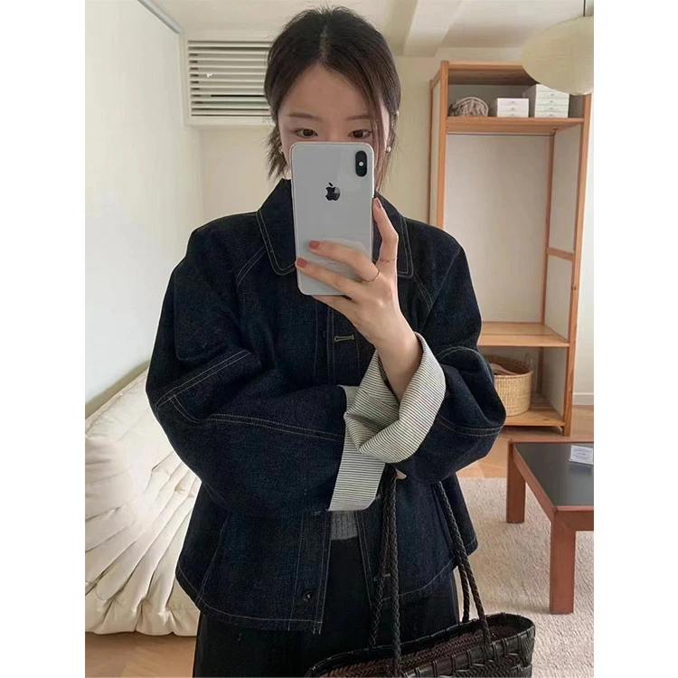 时尚深蓝色复古长袖拼色牛仔外套女2024秋季新款宽松休闲小众上衣