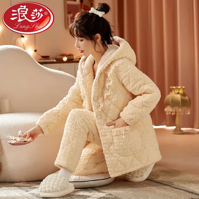 浪莎女士睡衣珊瑚绒冬季三层夹棉保暖加绒加厚家居服套装XEQN2377