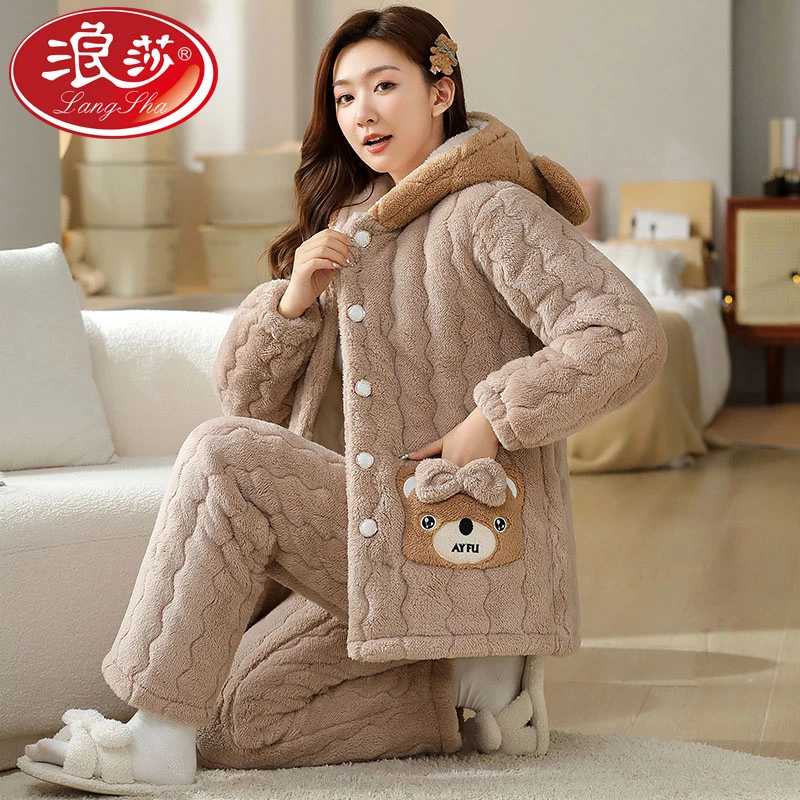 浪莎睡衣女冬季珊瑚绒三层夹棉加绒加厚懒惰风家居服套装DLM6657