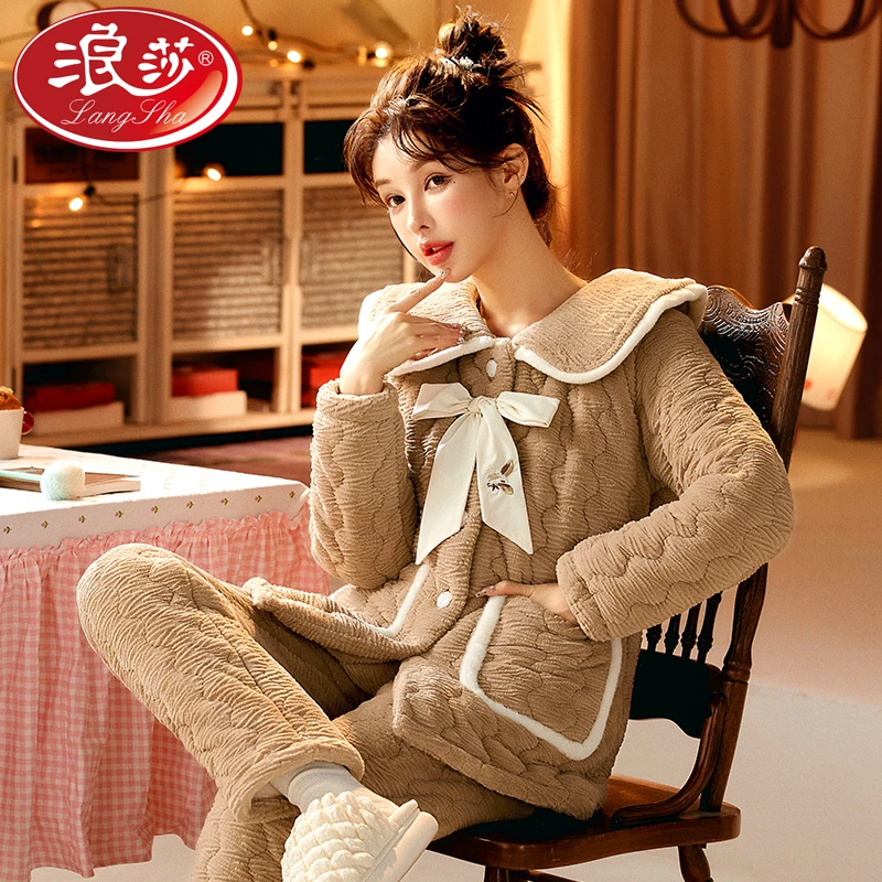 浪莎睡衣女秋冬全新爆款加厚加绒三层夹棉外穿家居服XEQN3350卡其