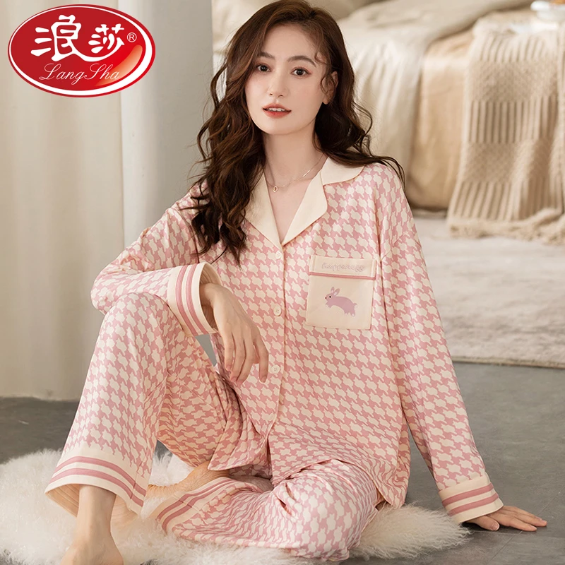 浪莎睡衣女长袖春秋款纯棉新款开衫简约大码家居服套装AM-34709