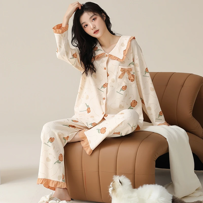 浪莎睡衣女100%纯棉春秋季韩版可爱风家居服可外穿长袖套装20955