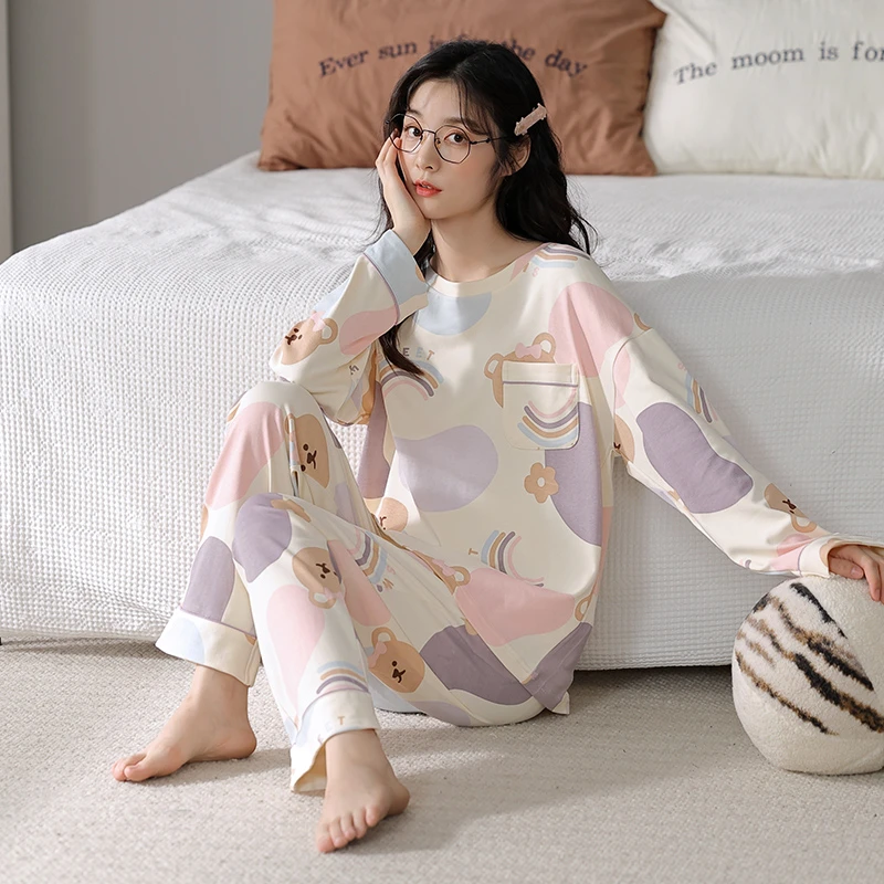 浪莎女士100%纯棉睡衣圆领长袖套装新款可爱风家居服可外穿60007