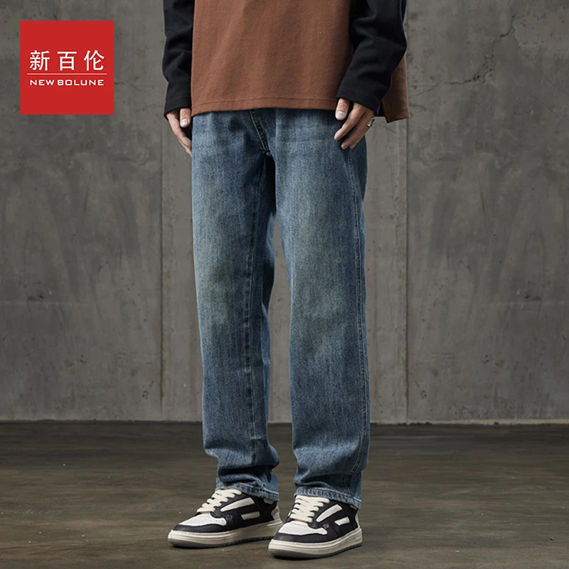 新百伦男士时尚牛仔裤秋季新款百搭休闲复古长裤宽松阔腿直筒裤子