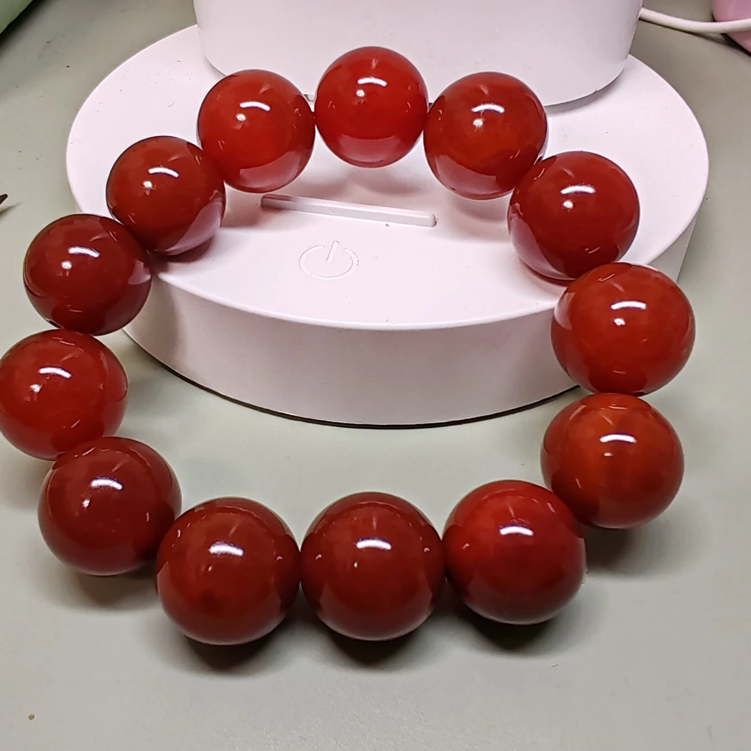 天然玛瑙卡20mm手持手串13颗珠男士单圈精美冰红光面红色素款