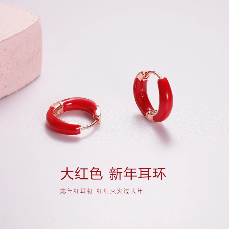 珠鸿凰 足银耳饰 大红色S999纯银女款耳环圆圈本命年新年礼物精致