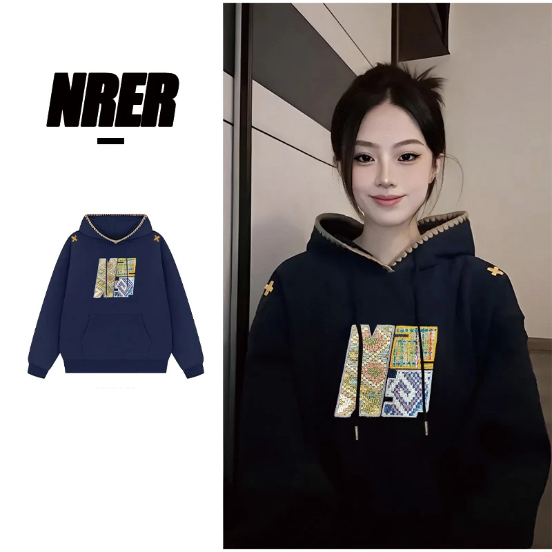 FNFE 复古刺绣连帽卫衣女秋冬季民族风设计感国潮帽衫宽松上衣潮