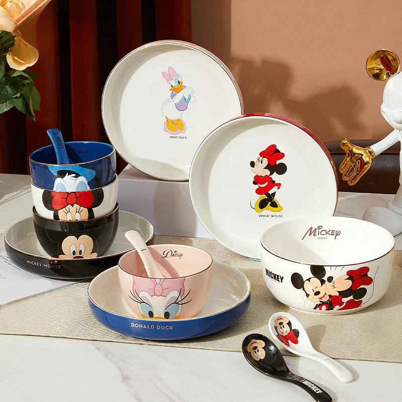 卡通陶瓷碗家用汤碗餐具米奇菜盘子可爱碗盘碟轻奢金边面碗鱼盘