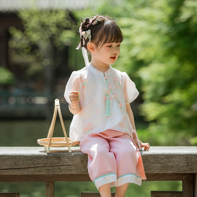 萌乎[落英]春夏款国风唐装裤子原创仙气女童汉服套装-232957