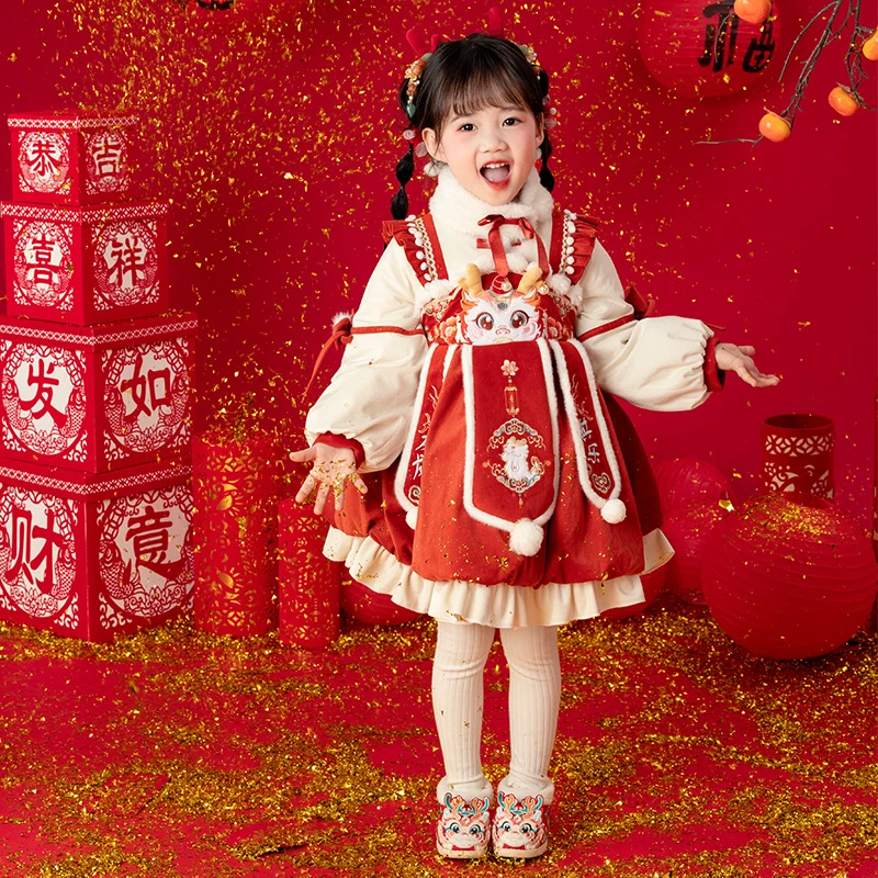 萌乎【其乐龙龙】龙年国风刺绣加厚带裙撑洛丽塔拜年服连衣裙234226