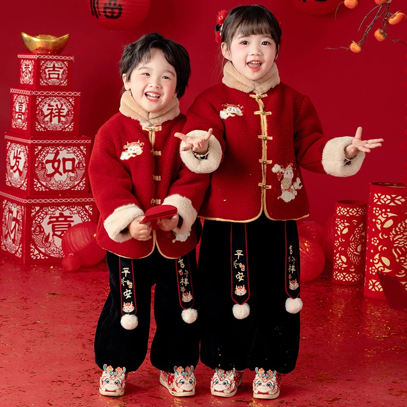 萌乎【龙团团】龙年国风兄妹装拜年服加厚泰迪绒刺绣唐装上衣234220