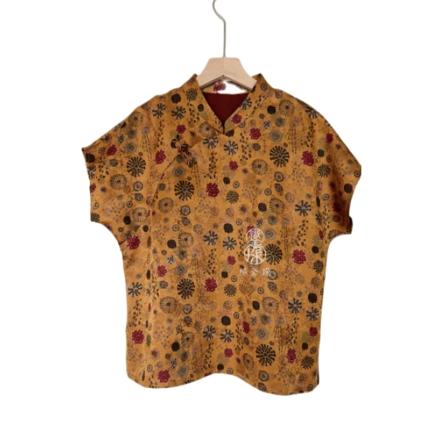 【云烟】香云纱小立领金底短袖花罗上衣by织金垛Studio