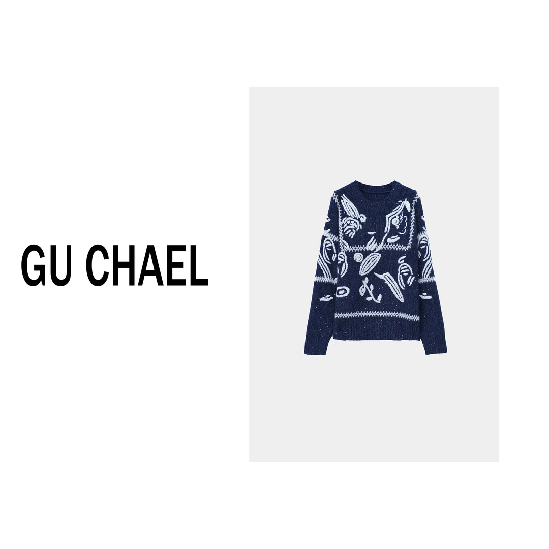 【GUCHAEL】D家立体涂鸦钩花圆领羊绒针织衫80903-10（干洗）