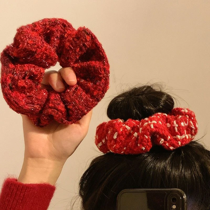 氛围感红色粗花呢新年小香风大肠发圈女高级感扎头发头绳发绳秋冬