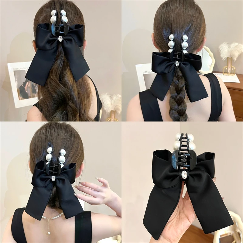 超仙珠珠蝴蝶结抓夹2024后脑勺发夹精致飘带超仙鲨鱼夹发饰