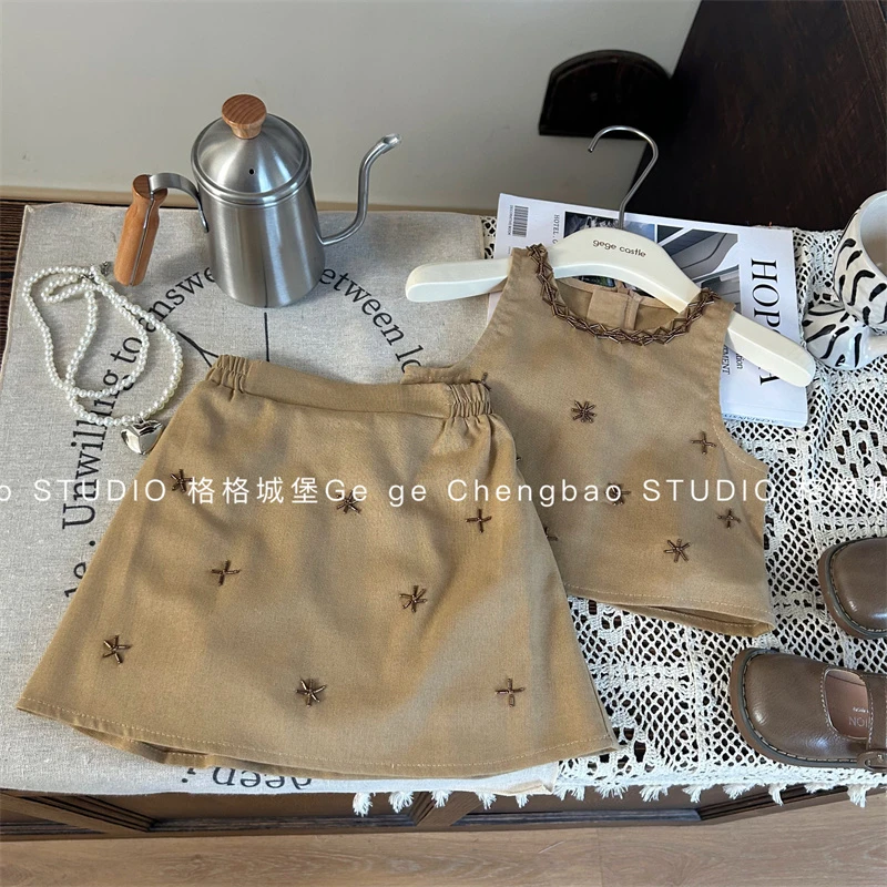 女童咖色套装2024新款韩版裙裤时尚两件套