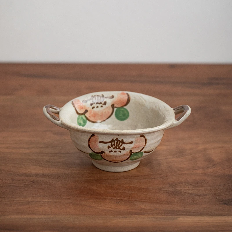 日本进口山花烂漫双耳钵陶瓷家用饭碗双耳汤碗耐热粗陶复古大碗