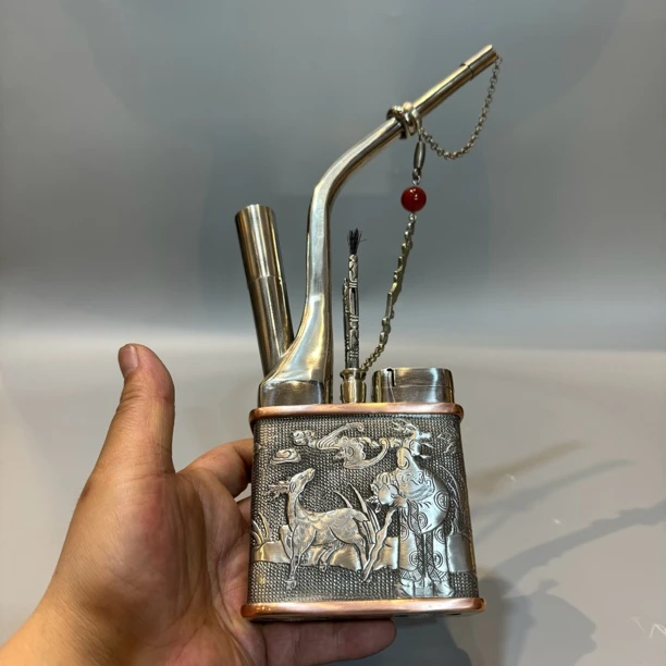 复古高档“福禄寿”名家錾刻浮雕一级白铜镶边壶