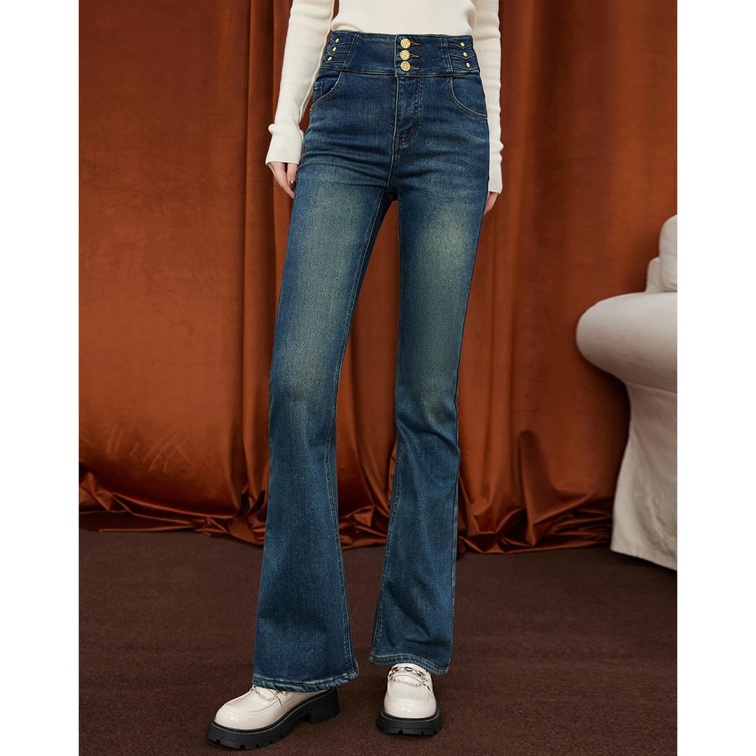 a02【金拐子专属】高腰百搭遮肉微喇裤显腿长牛仔裤TAXYZ9569