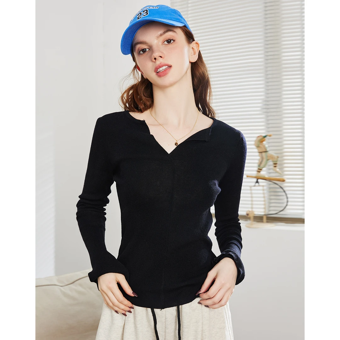 a02【妍妍专属】纯色简约V领设计女式针织衫2024休闲百搭长袖上衣