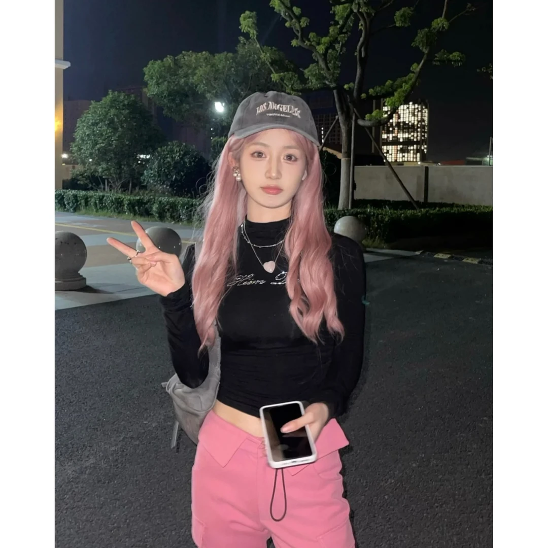 美式烫钻修身短款收腰长袖秋季皱褶设计弹力半高领显瘦辣妹打底衫