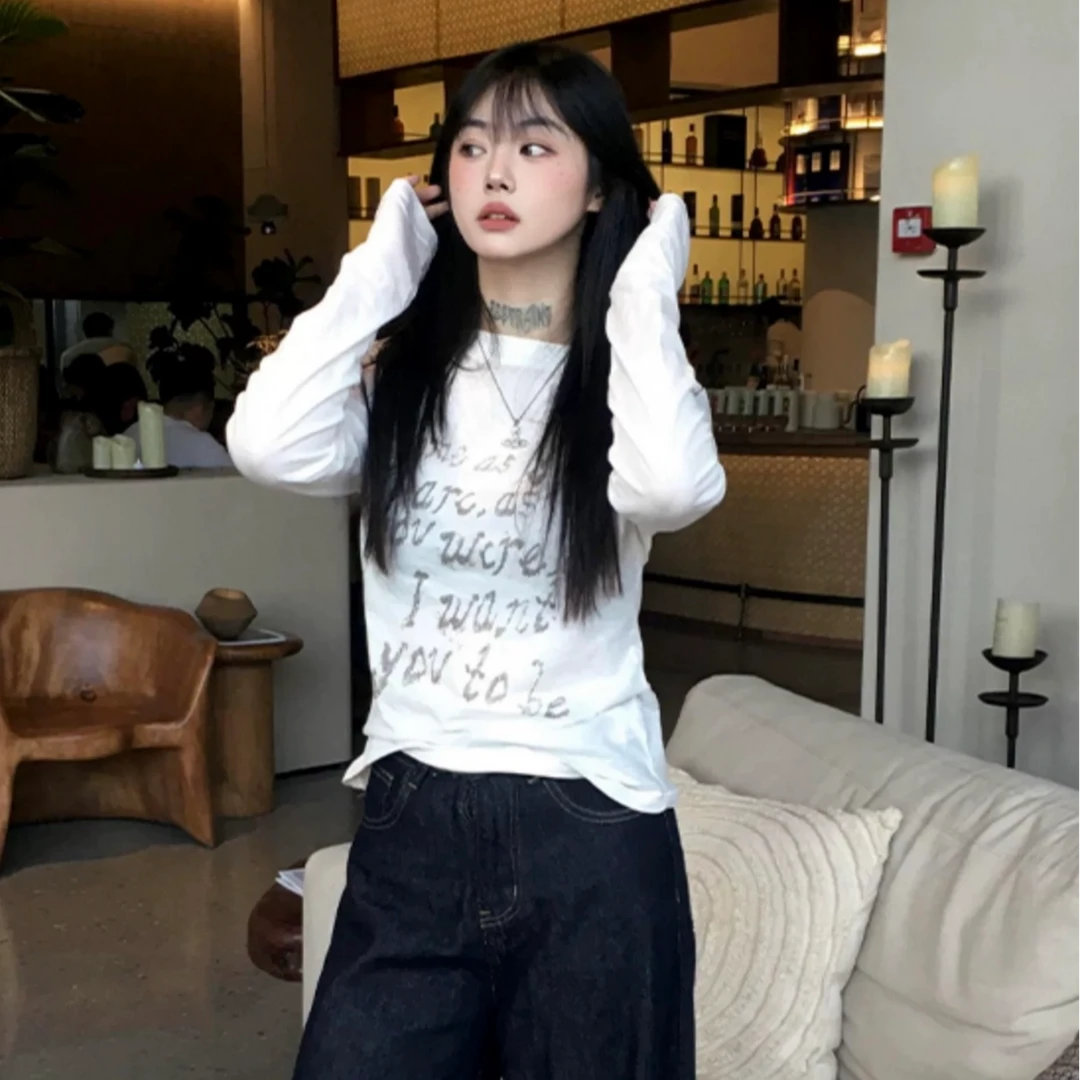 美式圆领白色微透长袖短款女T恤韩版秋季复古印花显瘦小众打底衫