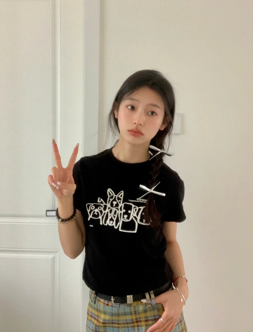 美式复古短款t恤女夏季涂鸦小狗黑色正肩短袖修身显瘦辣妹上衣潮