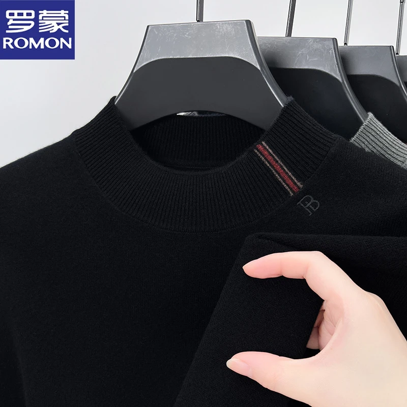 罗蒙秋冬季纯羊毛衫男士亲肤柔软百搭圆领打底衫时尚刺绣保暖毛衣
