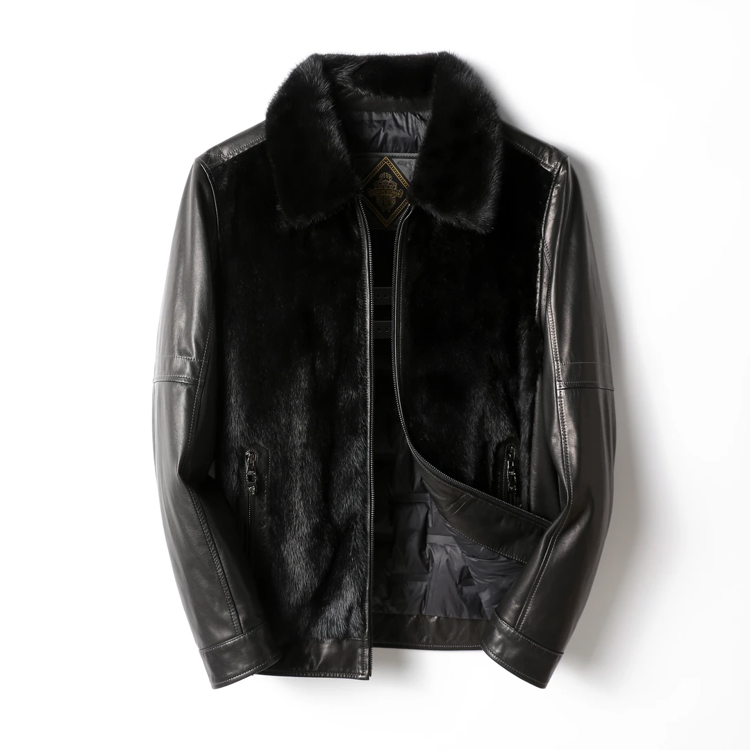 男士头层黑色小山羊皮拼水貂毛休闲保暖加绒款夹克26001
