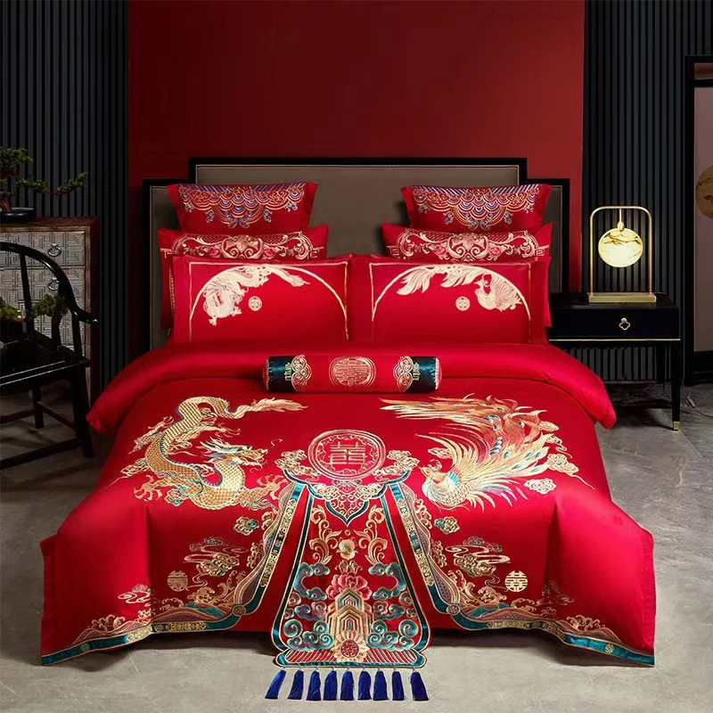【皇家龙凤】龙凤高端刺绣婚庆大红色家纺四件套床上用品