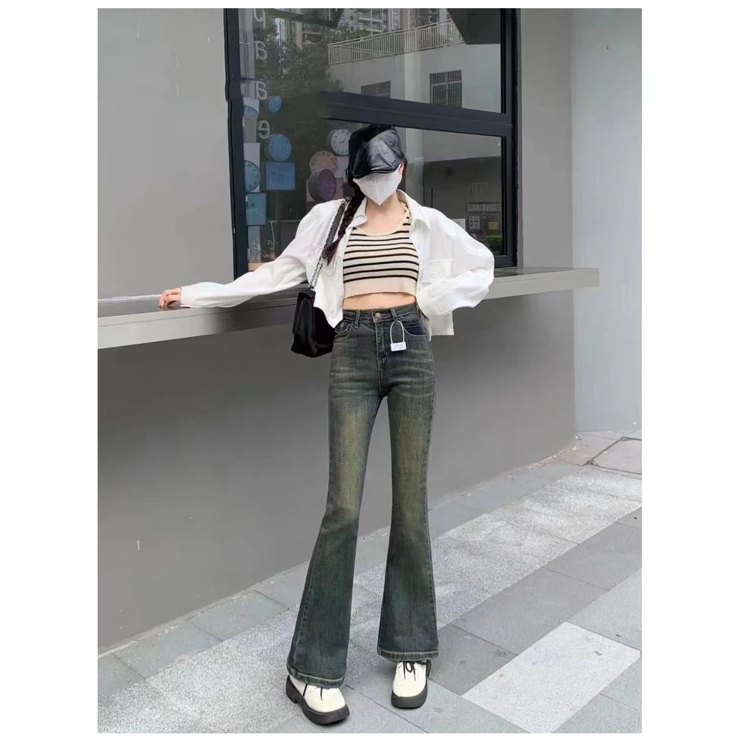 复古微喇牛仔裤女爆款新款时尚低腰显瘦弹力紧身马蹄喇叭裤子春秋
