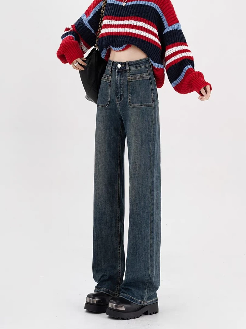 复古阔腿高腰牛仔裤小个子长裤宽松时尚修身品瘦高街直筒拖地裤潮