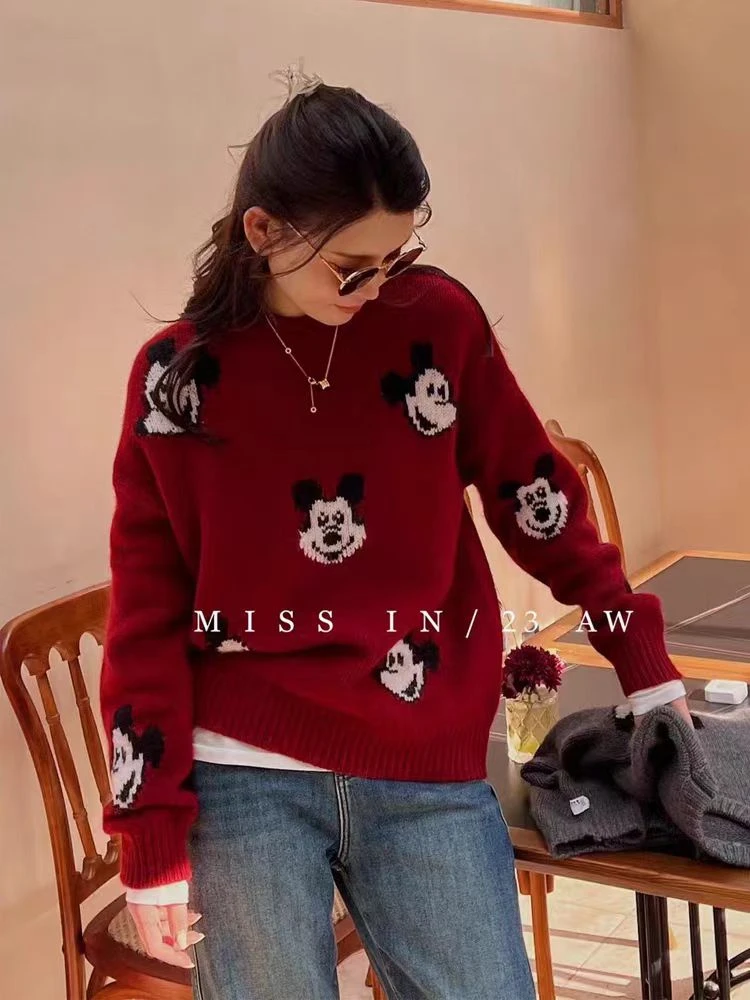 复古学院风卡通米奇刺绣套头毛衣女秋冬新款设计感针织上衣2-6961