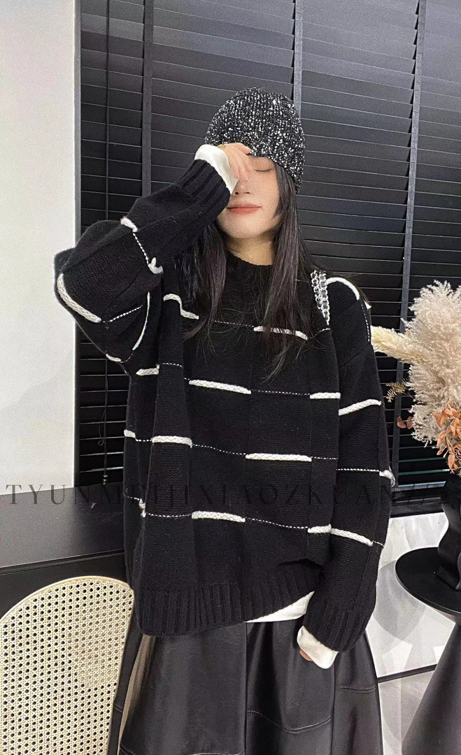 中长款撞色条纹羊毛毛衣 36603