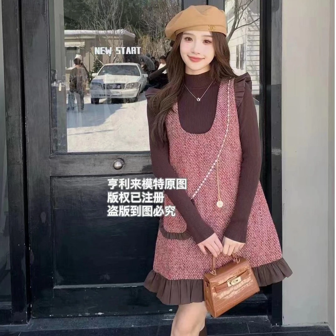 小香风时尚百搭复古减龄秋冬宽松连衣裙95098