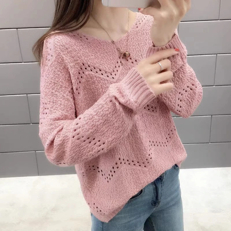 时尚减龄镂空罩衫春装洋气上衣遮肚宽松薄款针织毛衣女减龄打底衫