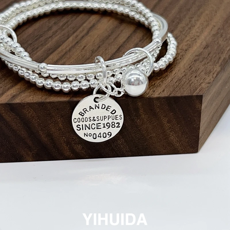 925银手链 s925银【多层圆珠】字母圆牌手链女手工弹力绳2024年新款