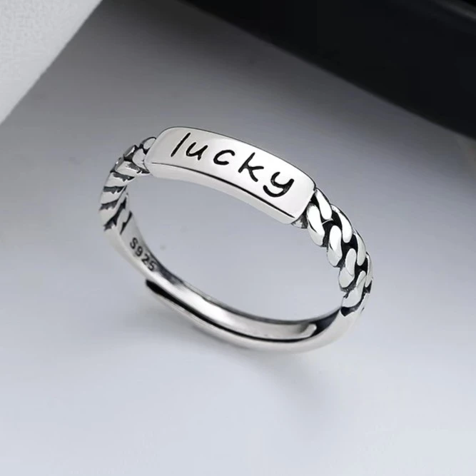 925银戒指 s925纯银幸运lucky戒指韩版小清新复古开口食指 小号