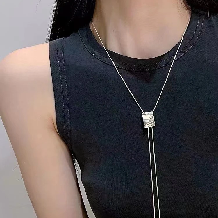 坠链均925银  S925银长款抽拉毛衣链不规则方形几何推拉套链项链