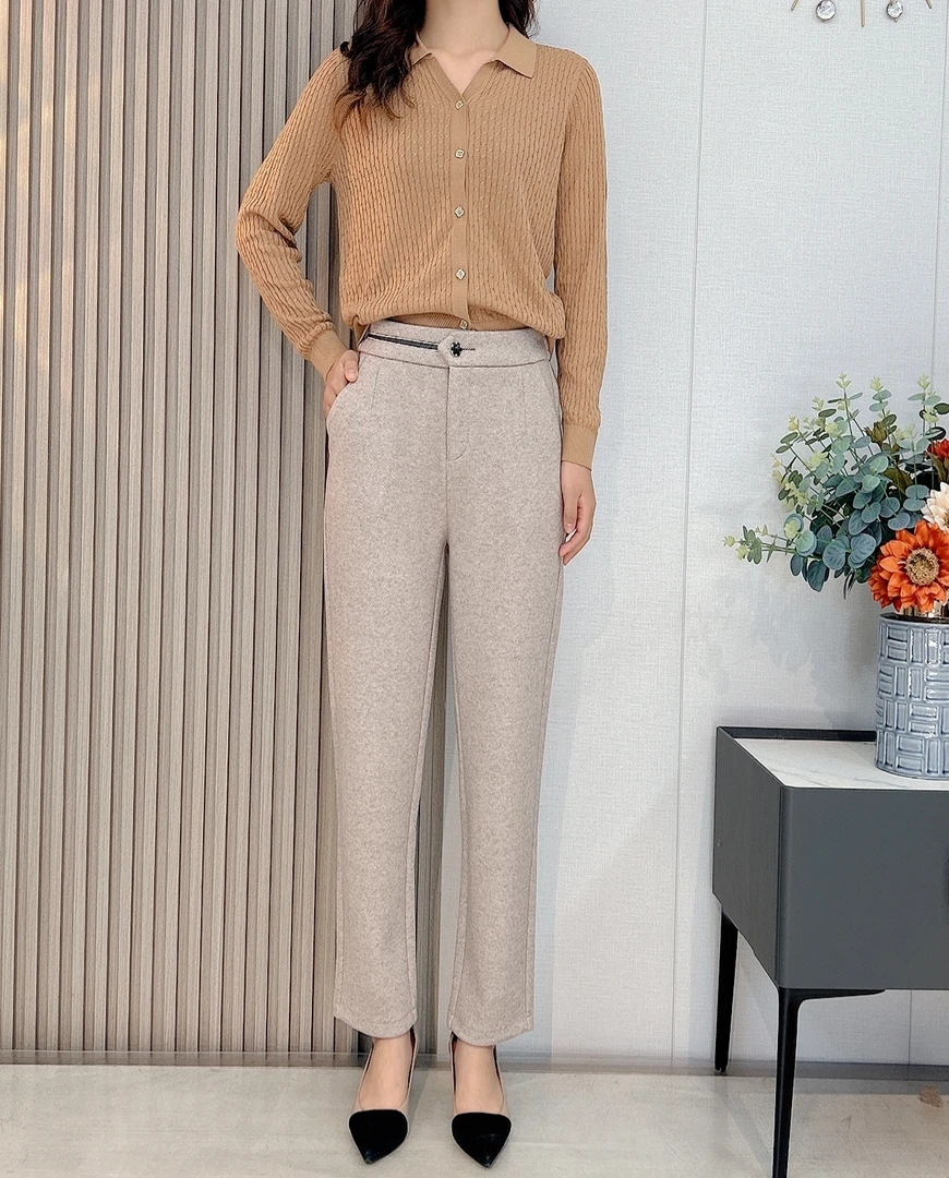 3777秋冬新款人字纹九分烟管小直筒裤