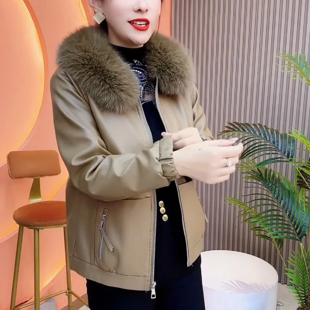 海宁2025冬季新款加绒加厚皮衣外套女保暖洋气短款时尚毛领皮夹克