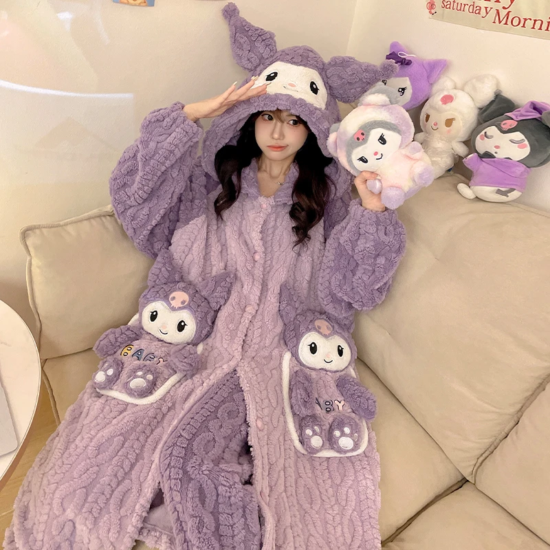 珊瑚绒睡衣女秋冬季加绒加厚连帽睡袍加大码200斤可爱冬天家居服