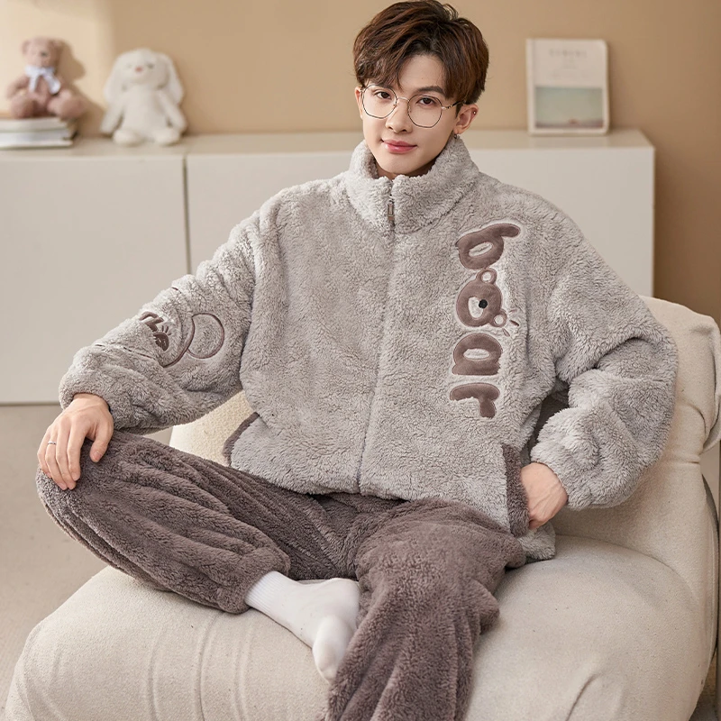 珊瑚绒睡衣男士秋冬季加大码男款保暖法兰绒冬款可外穿套装家居服
