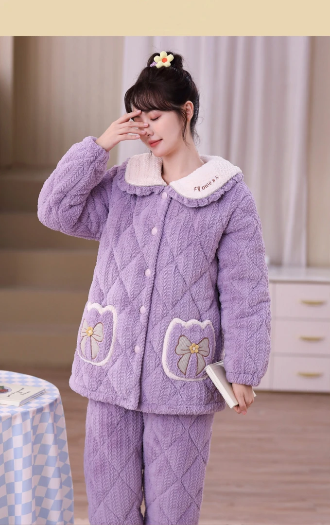 冬季新款女款牛奶绒三层夹棉加厚保暖睡衣家居服套装-XEQN-1305