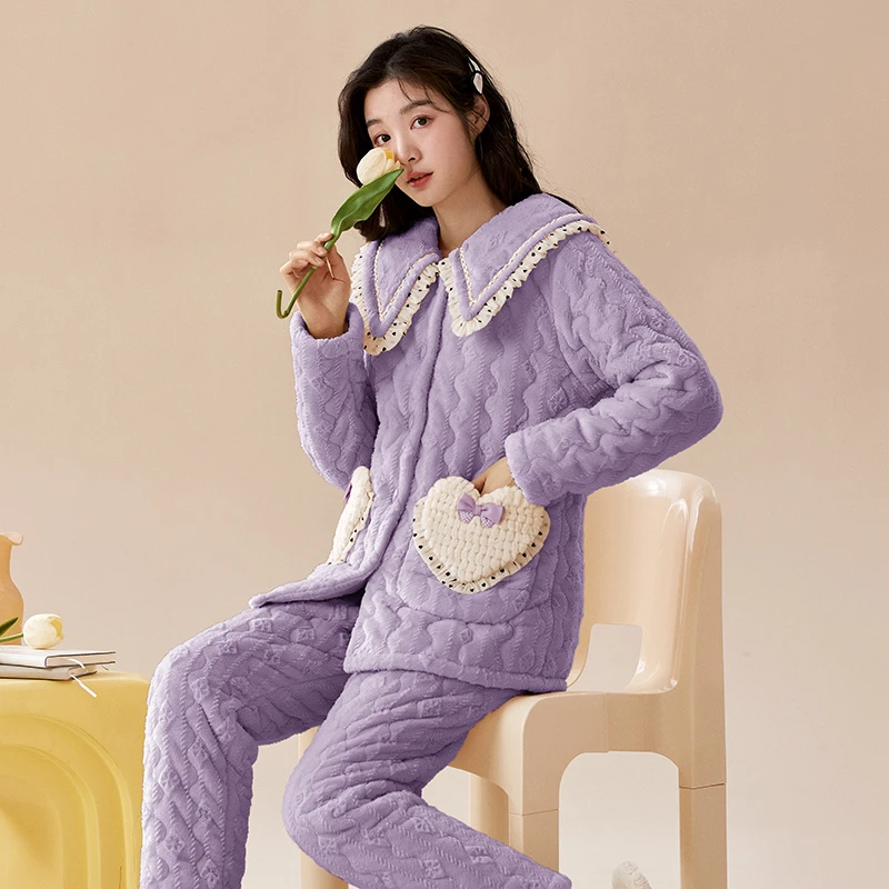 冬季新款女款蛋糕绒三层夹棉加厚保暖睡衣可外穿家居服套装-683#