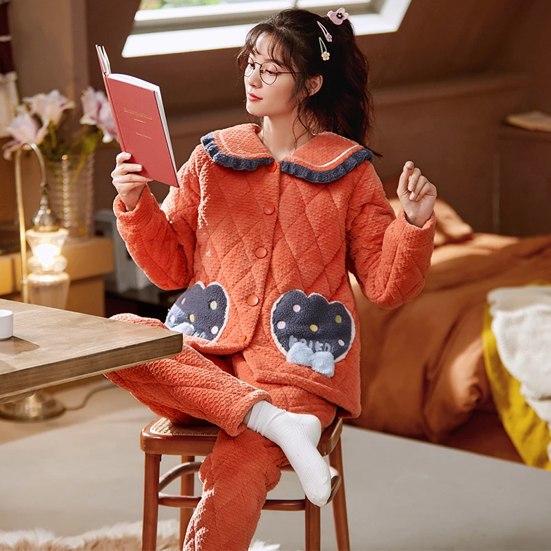 【季末清】冬季三层加厚牛奶绒夹棉睡衣女保暖加绒家居服舒适套装