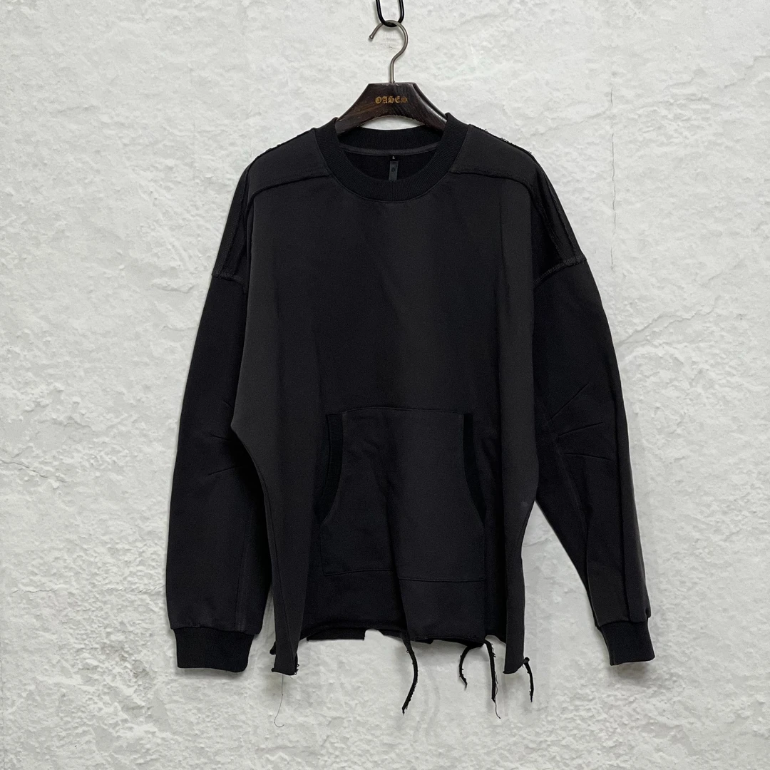 【亦轴】秋冬长袖休闲圆领套头卫衣原创设计毛边不规则裁剪男士