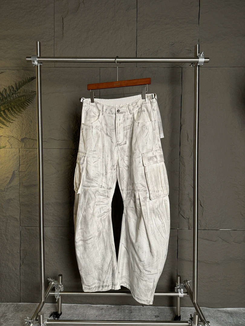 亦轴原创小众美式复古做旧做脏染水洗牛仔裤 宽松立裁廓形拖地裤